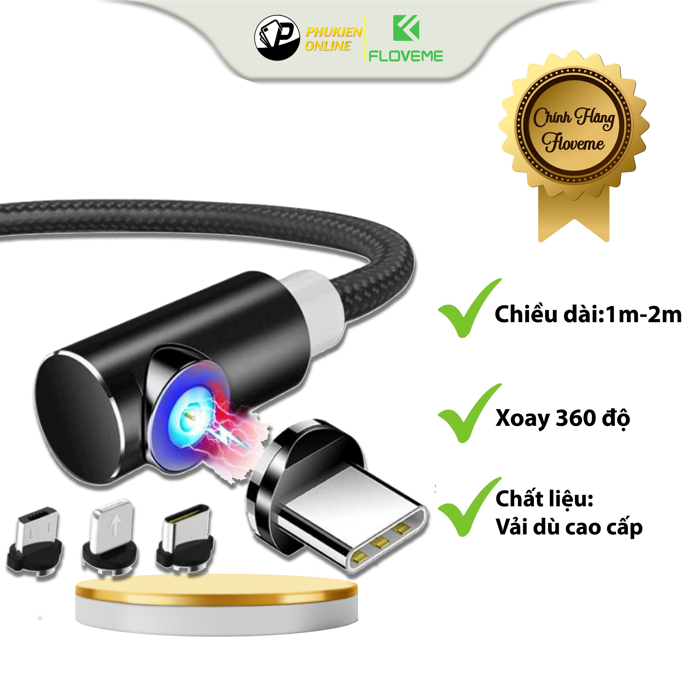 Cáp sạc nam châm FLOVEME - Xoay 360* - Đèn led đẹp mắt - Vải dù cao cấp - Chống rối - Siêu bền - An toàn - Hàng chính hãng