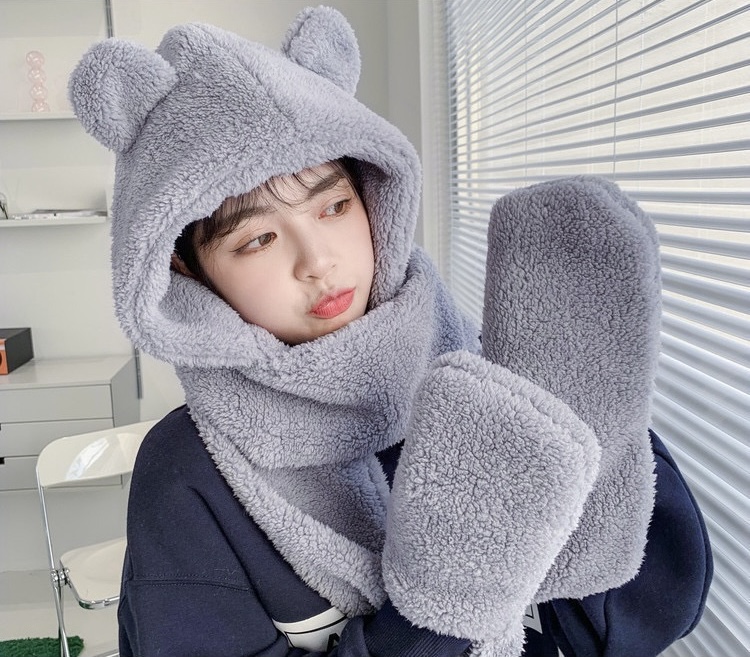 Mũ khăn quàng cổ mũ lông gấu có găng tay thời trang siêu dễ thương giữ ấm dành cho nữ
