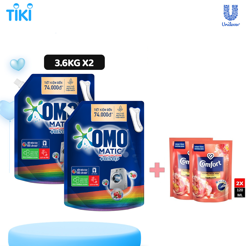 Combo 2 TúI Nước Giặt Omo Matic Cho Máy Giặt Cửa Trước Bền Đẹp Bền Màu Sau 100 Lần Giặt 3.6Kg + 2 Nước Xả Comfort 120ml Ngẫu Nhiên