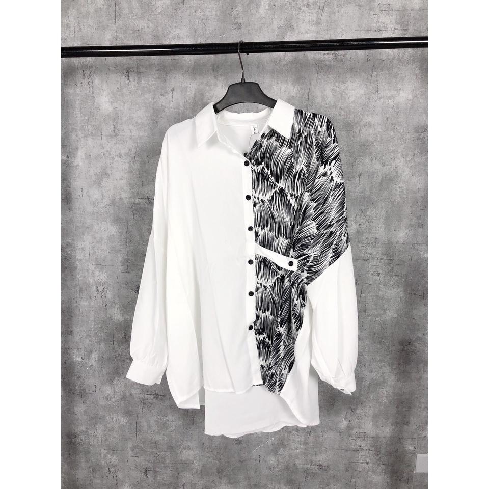 Sơmi White And Black Mix Nửa Thân, Áo sơ mi nữ form rộng phối lụa hàn họa tiết