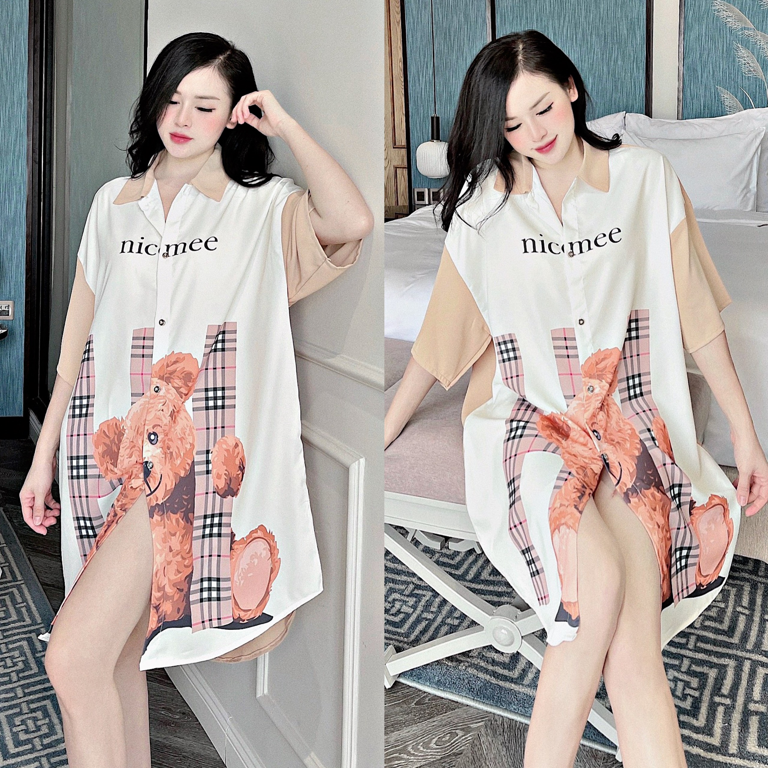 Đầm ngủ mặc nhà phom sơmi Lụa Mango phom rộng rãi đến 80kg siêu cute - bầu bí mặc thoải mái