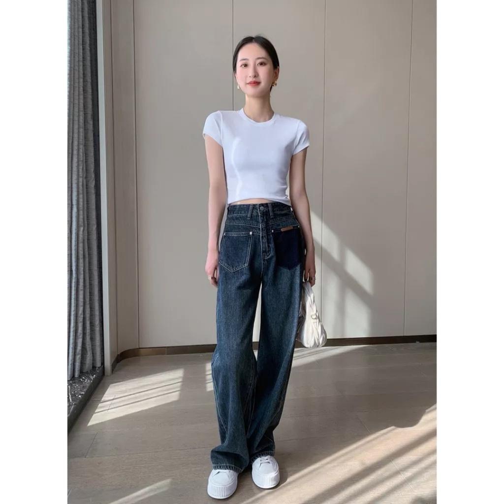 Quần Jeans Nữ Ống Rộng Túi Trước Mác Da Cạp Cao Dáng Suông