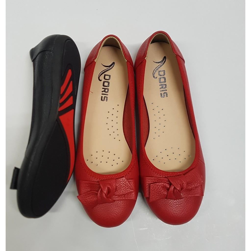 Giày búp bê Doris đế bệt,️️️️ giày da thật mũi tròn gắn nơ vuông màu đỏ, thời trang cho nữ DR004.