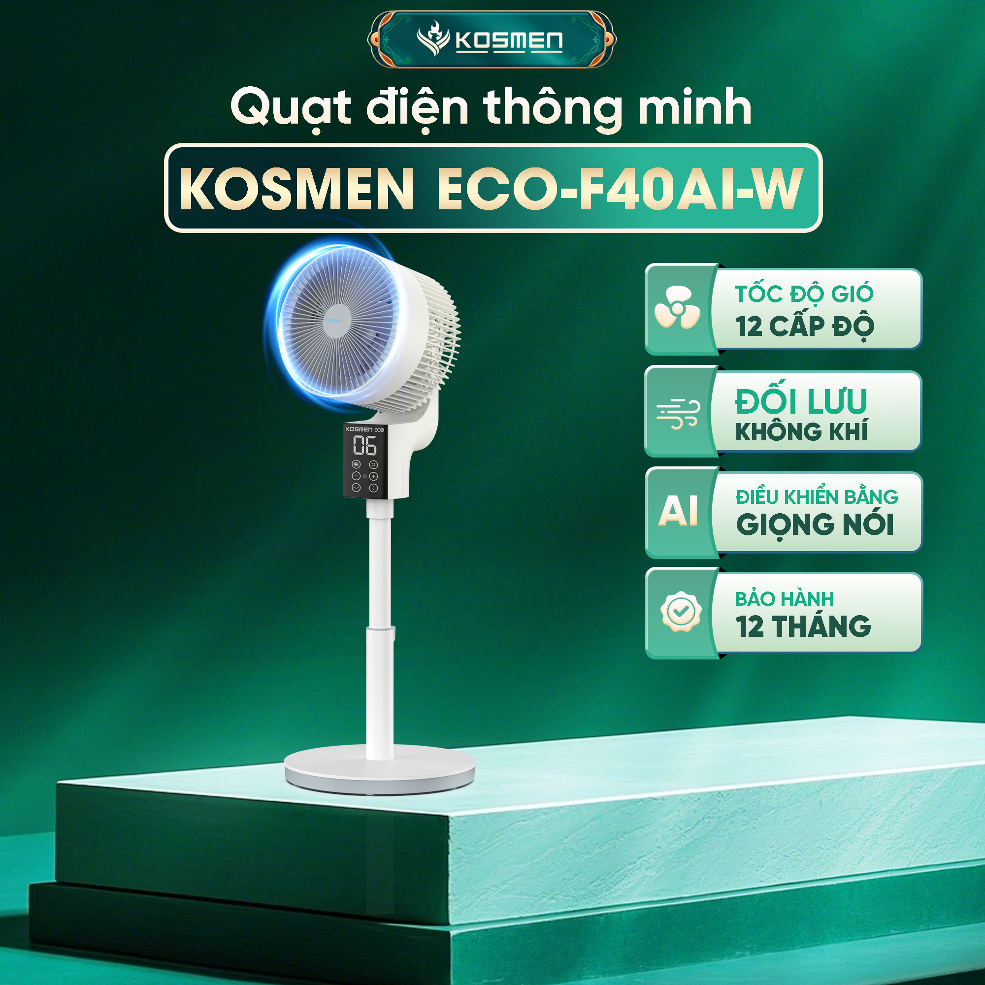 Quạt thông minh Kosmen ECO-F40AI-W AI điều khiển bằng giọng nói – Màu Trắng - Hàng Chính Hãng, Bảo Hành 1 Năm