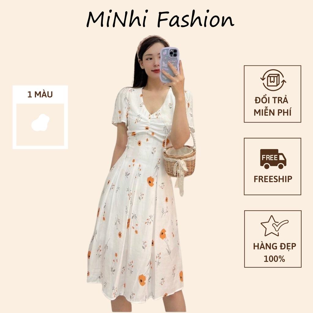 Váy hoa cổ V, Đầm trắng cổ tim Cao Cấp dáng xòe dài, phong cách Vintage hoa đỏ tay ngắn, mặc dự tiêc công sở - MiNhi