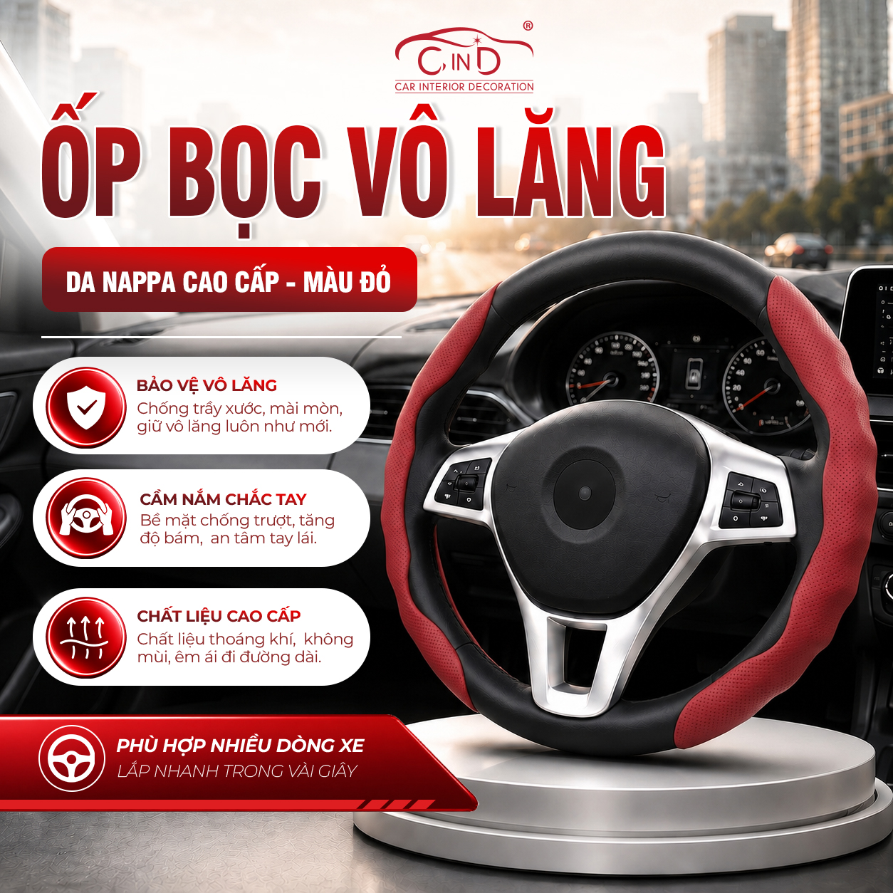 Ốp Bọc Vô Lăng CIND Da Nappa Cao Cấp Mỏng Nhẹ Chống Trượt Phù Hợp Nhiều Dòng Xe
