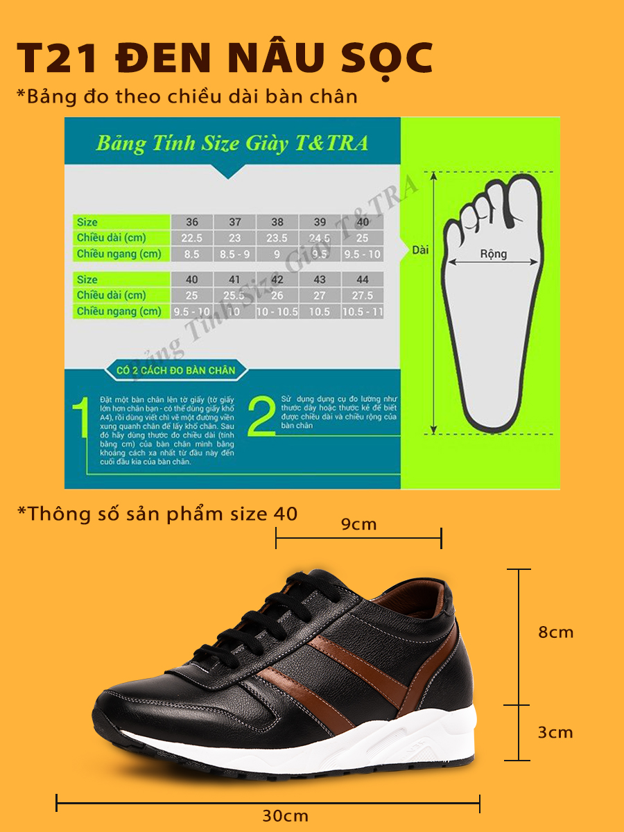Giày Độn Nam Siêu Nhẹ T&TRA Tăng Cao 8Cm- T21 Đen sọc nâu - Chất Liệu Da Bò Cao Cấp, Đế và Lót Tăng Cao Chất Liệu EVA Siêu Nhẹ, Trọng Lượng Nhẹ Hơn 30% So Với Đế Cao Su