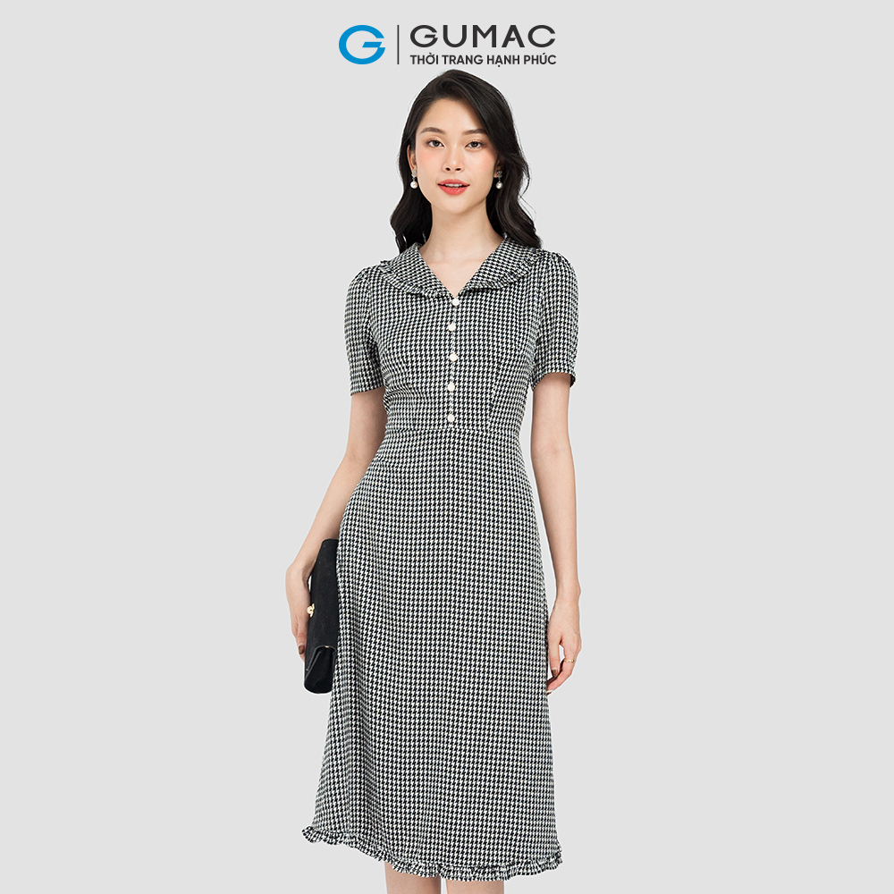 Đầm cổ viền bèo GUMAC DC08108 vải lụa satin đầm form A tay ngắn viền bèo màu đen