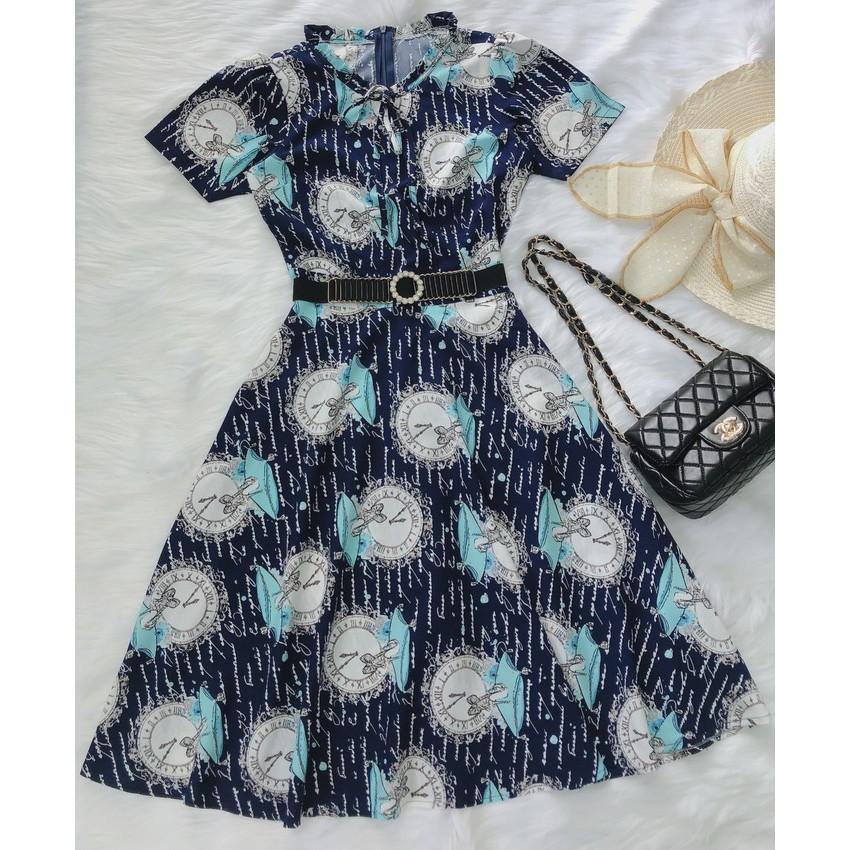 Đầm xòe cổ nhún bèo cột nơ trẻ trung