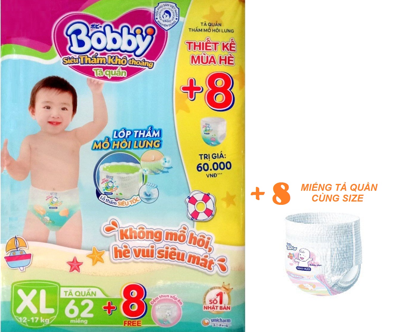 Tã Quần Bobby Đệm Lưng Thấm Mồ Hôi XL62 (62 Miếng) - Tặng 8 Miếng Phiên Bản Hè Vui Nhộn