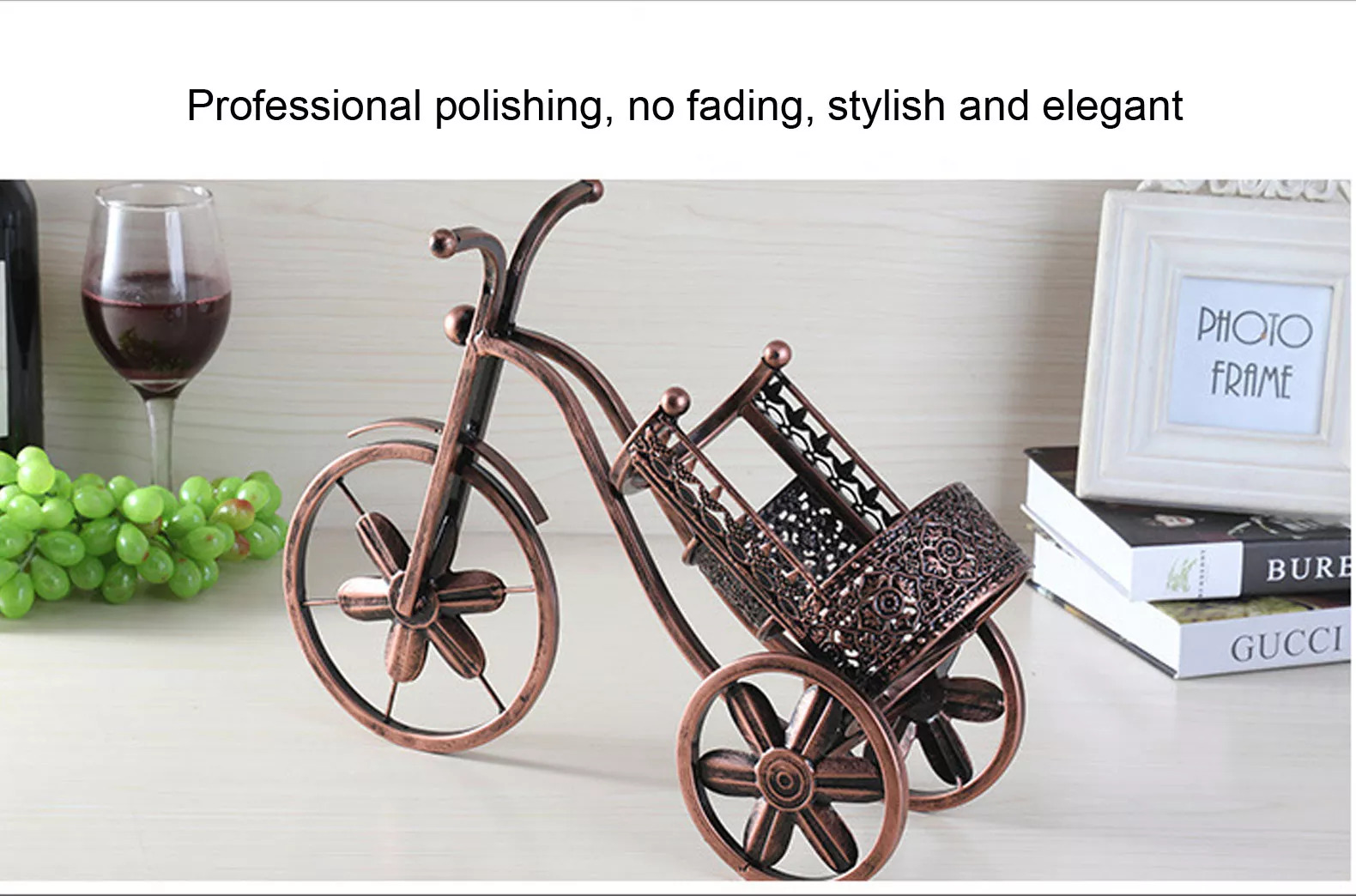 Kệ Xe Đạp Để Chai Và 2 Ly Vang Màu Đỏ Đồng NT013