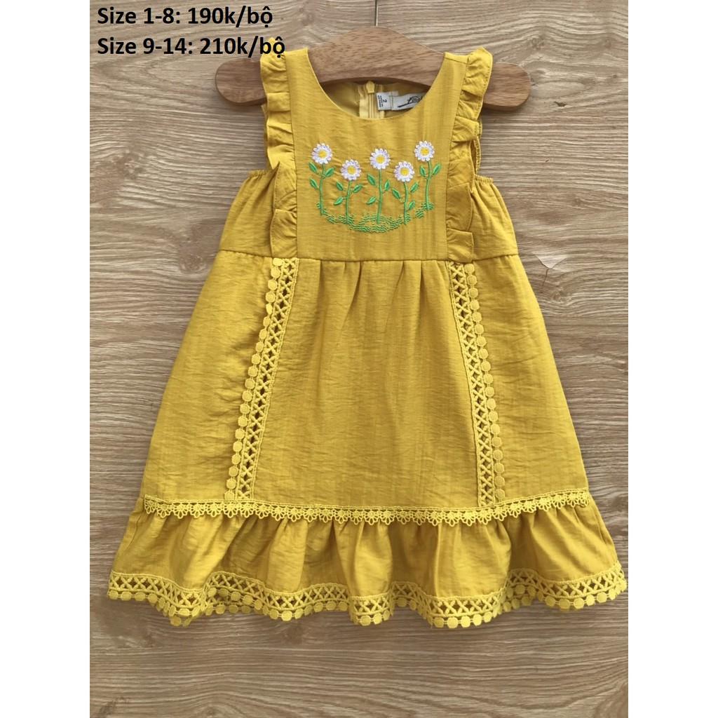Đầm suông Linen thêu hoa tay bèo nhỏ bé gái