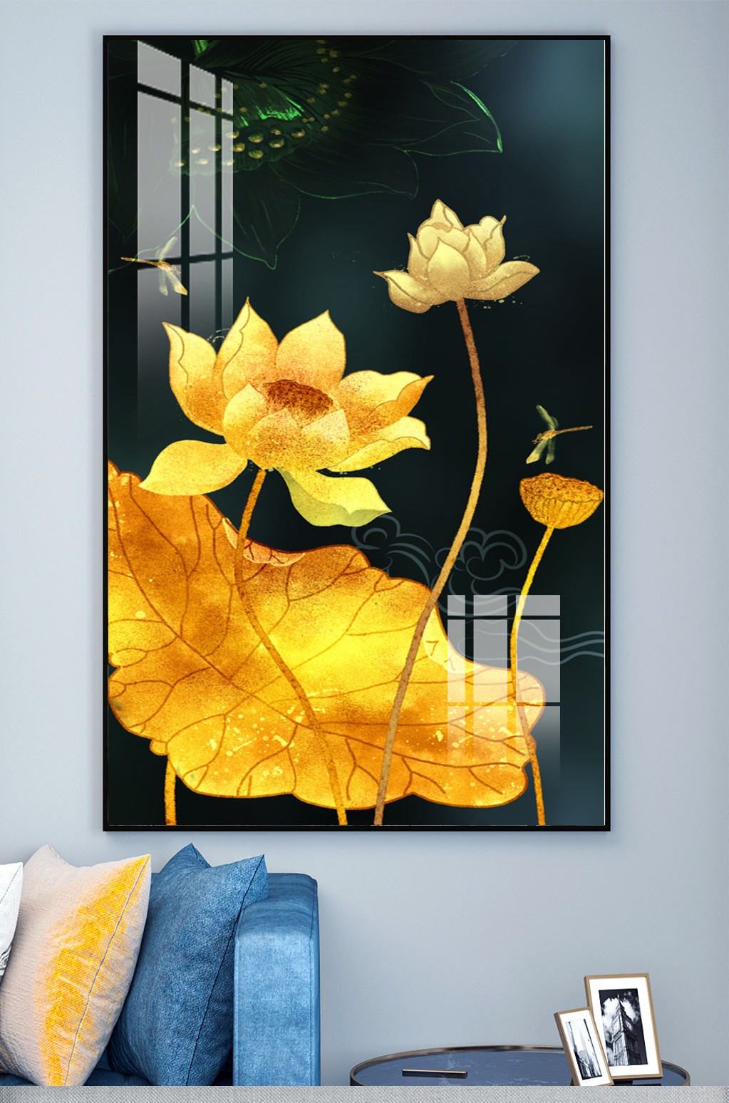 Tranh treo tường tranh tráng gương tranh trang trí decor phòng hoa sen vàng tặng kèm đinh 3 chân