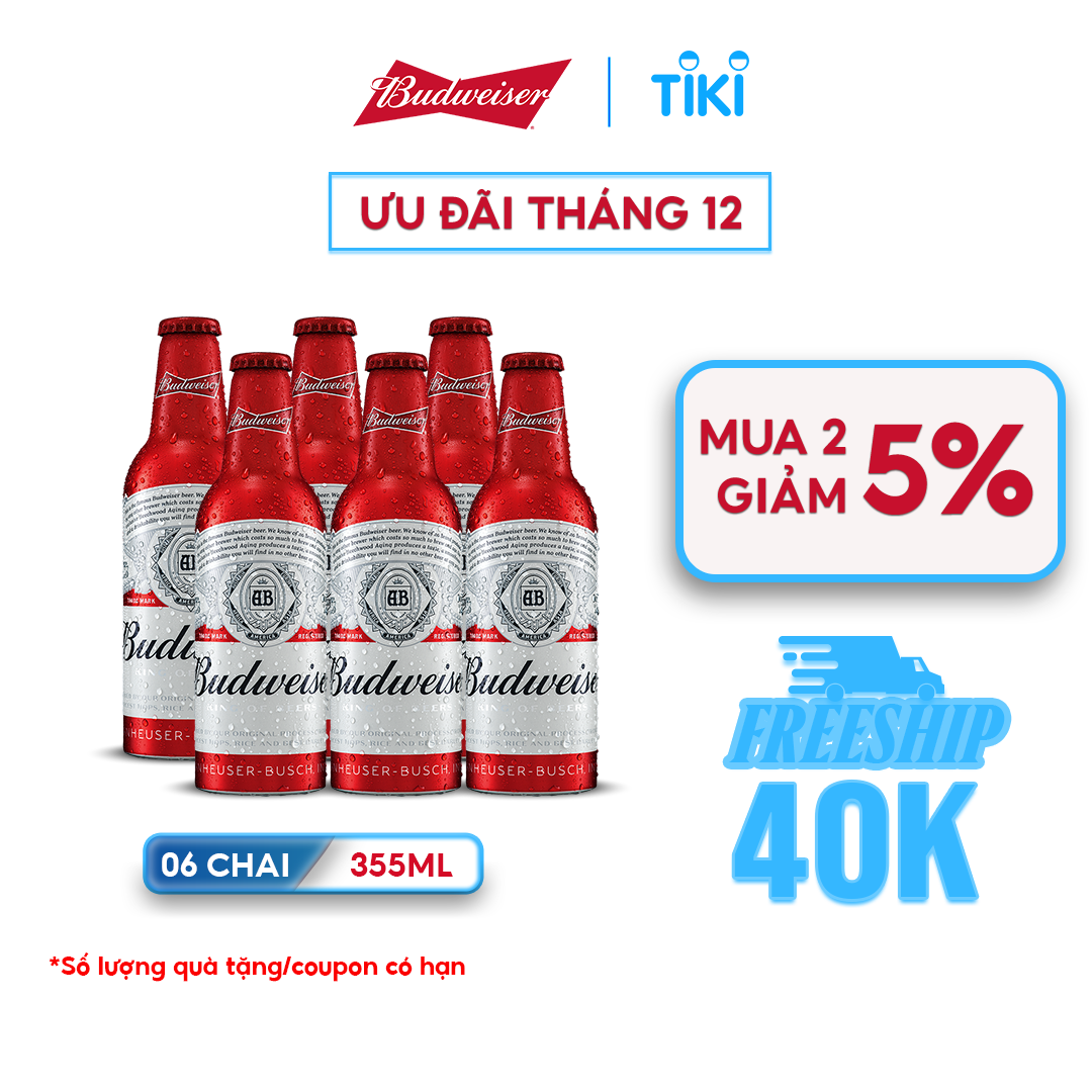 Lốc 6 Chai Budweiser Aluminum Chính Hãng (355ml/ chai)