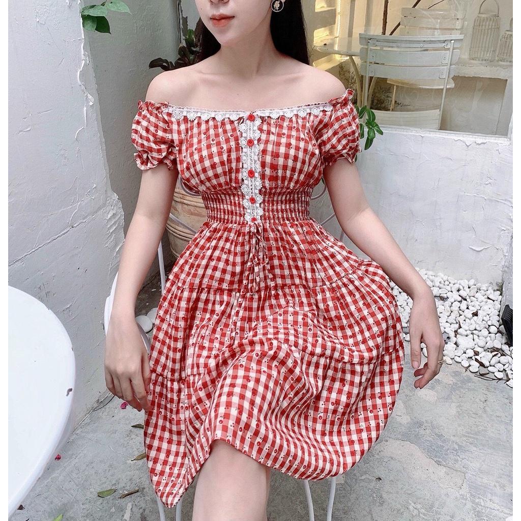 Đầm caro bệt vai nhúng eo viền ngực