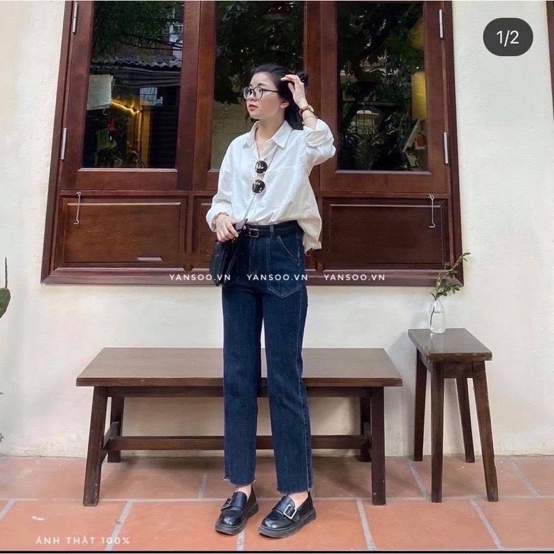 Quần bò ống đứng túi trước cạp cao Jeans cắt gấu basic phong cách sang chảnh Hàn Quốc YANSOO