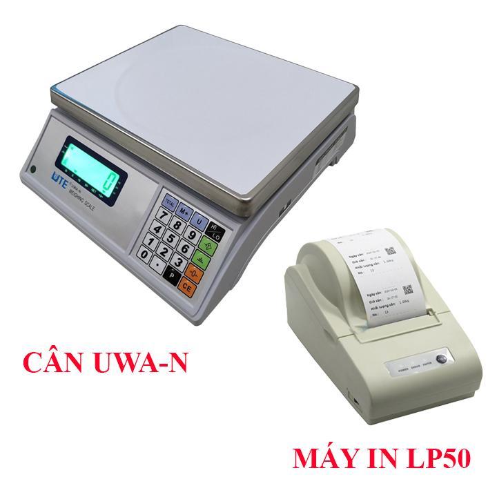 Bộ sản phẩm in tem phiếu khối lượng gồm cân điện tử thông dụng UTE UWA-N mức cân 15kg, độ chia 0.5g và máy in LP50