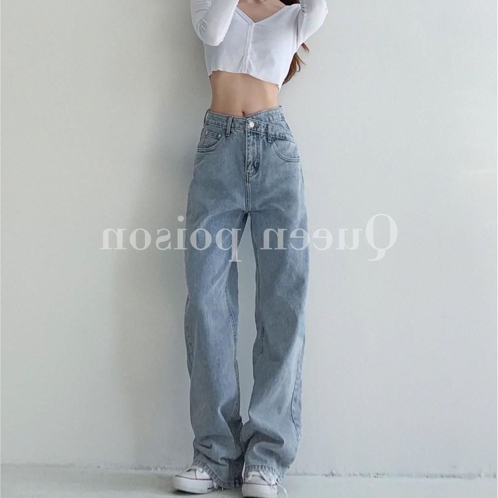 Quần bò nữ dáng dài eo cao cạp chéo eo độc đáo, Quần jeans nữ ulzzang dáng suông phong cách Hàn Quốc