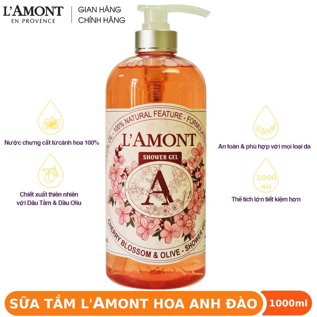 Combo 2 Sữa Tắm L'amont En Provence Hoa Anh Đào và Hoa Hồng 1000ml/chai