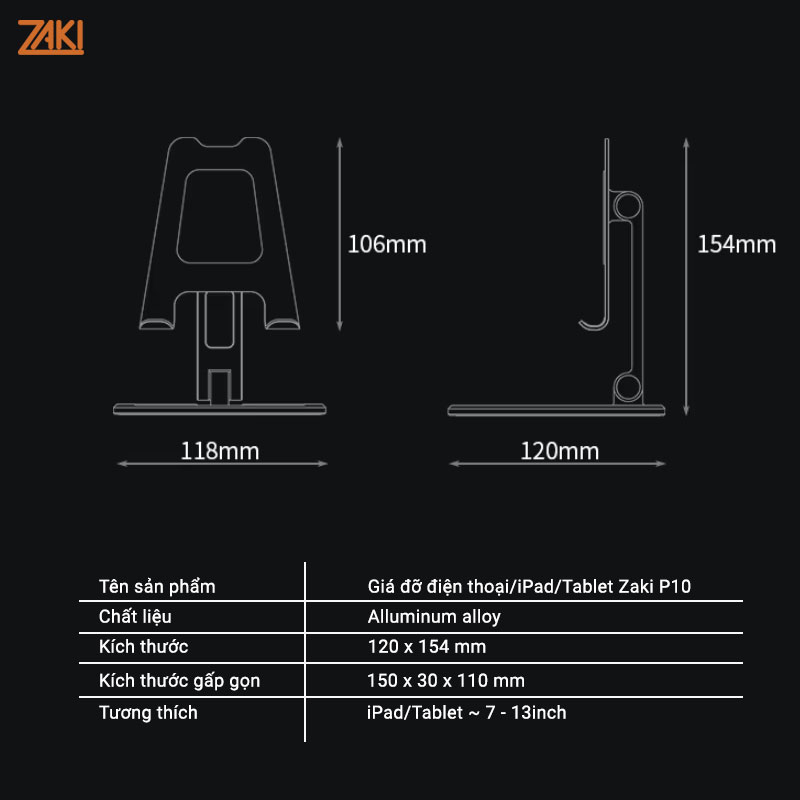 Giá đỡ cho điện thoại/iPad/Tablet hợp kim nhôm xếp gọn Zaki P10 - Hàng Chính Hãng
