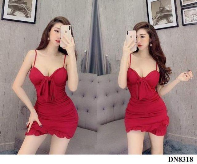 Đầm body rút nhúng cột nơ hở ngực sexy