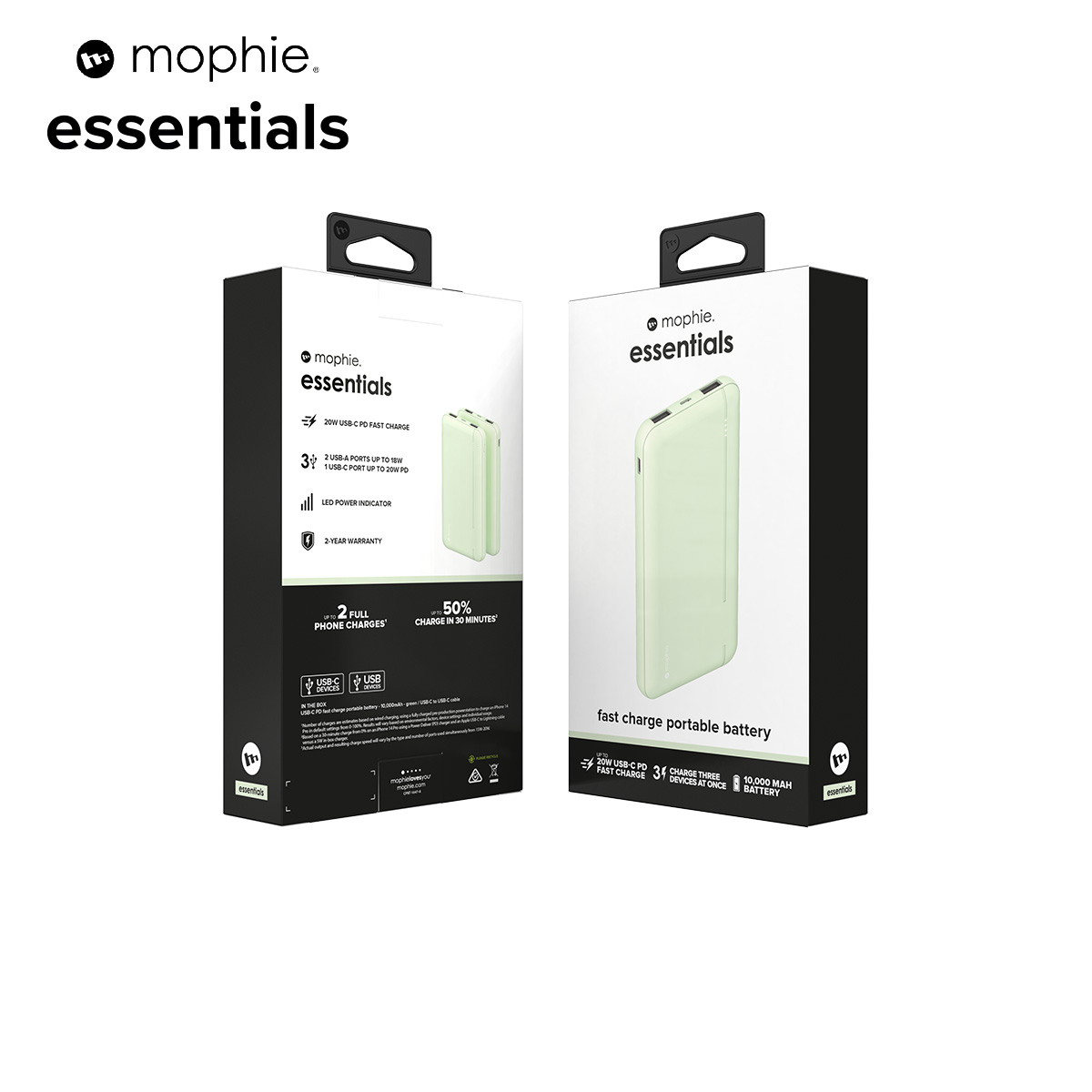 Sạc dự phòng Mophie Essentials 10.000mAh/3.7V PD20W 2 USB-A 1 USB-C, bảo hành 12 tháng - Hàng chính hãng