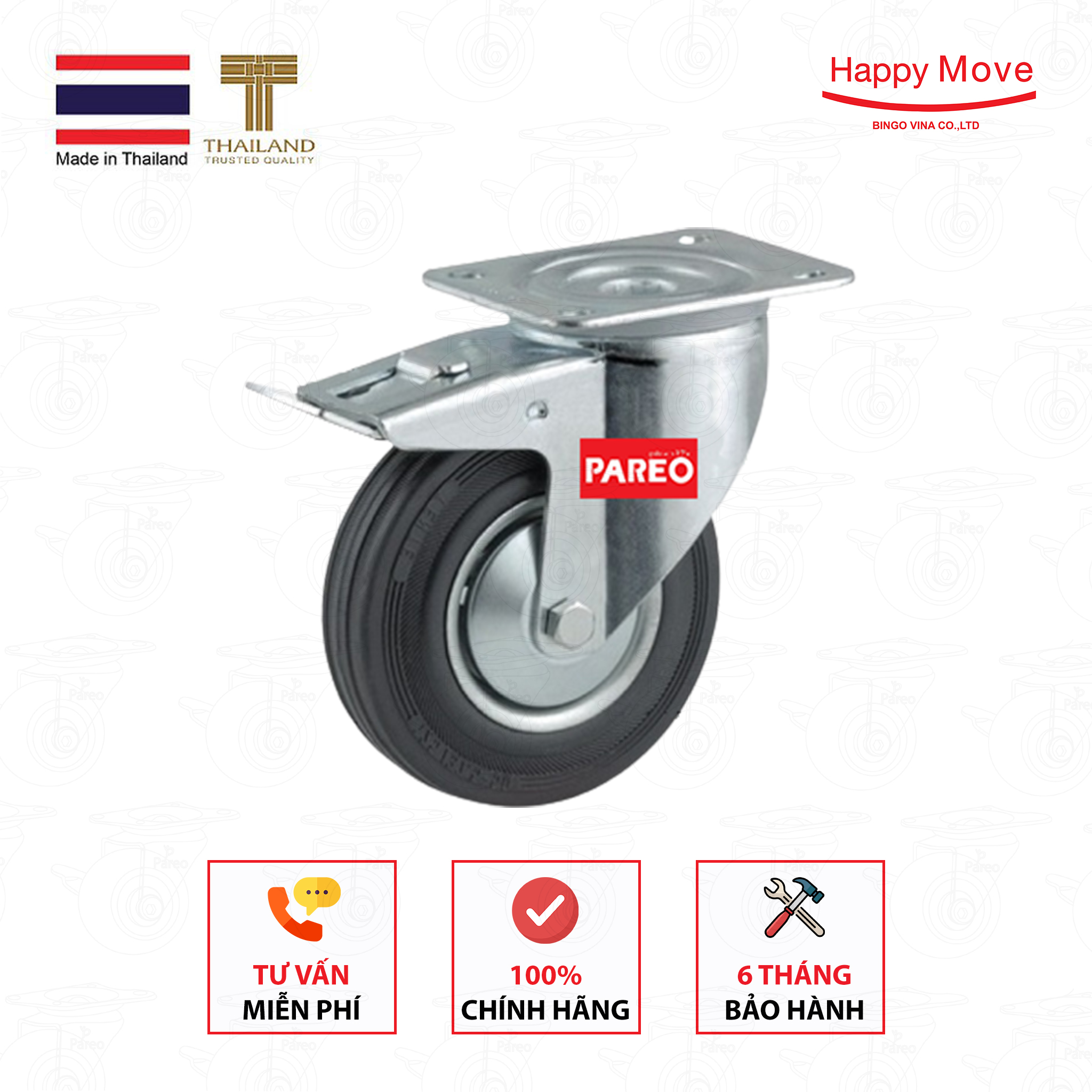 Bánh xe đẩy cao su đen càng xoay 360 có khóa 80-100mm - Happy Move Thái Lan