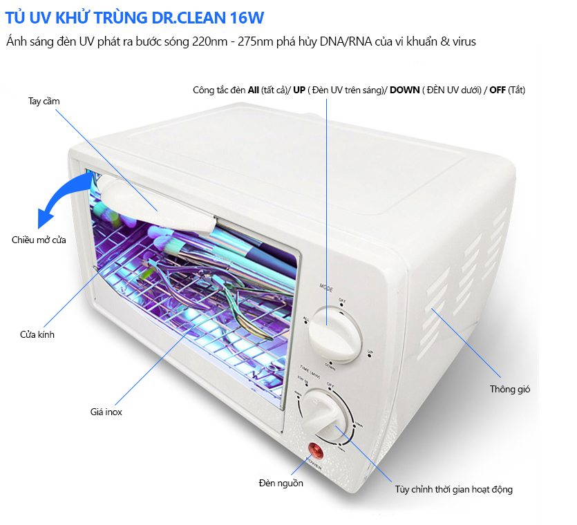 Tủ UV khử trùng Dr,zone Ozone is Life, Clean 16W dung tích 12 lít khử trùng dụng cụ Nail - tóc - Hàng chính hãng