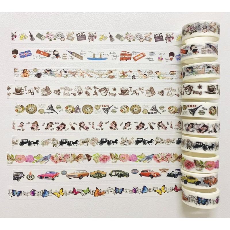 Bộ 10 Băng Dính Washi Tape Hoạ Tiết Vintage - Set 10 Cuộn Băng Dán in hình Washi Retro