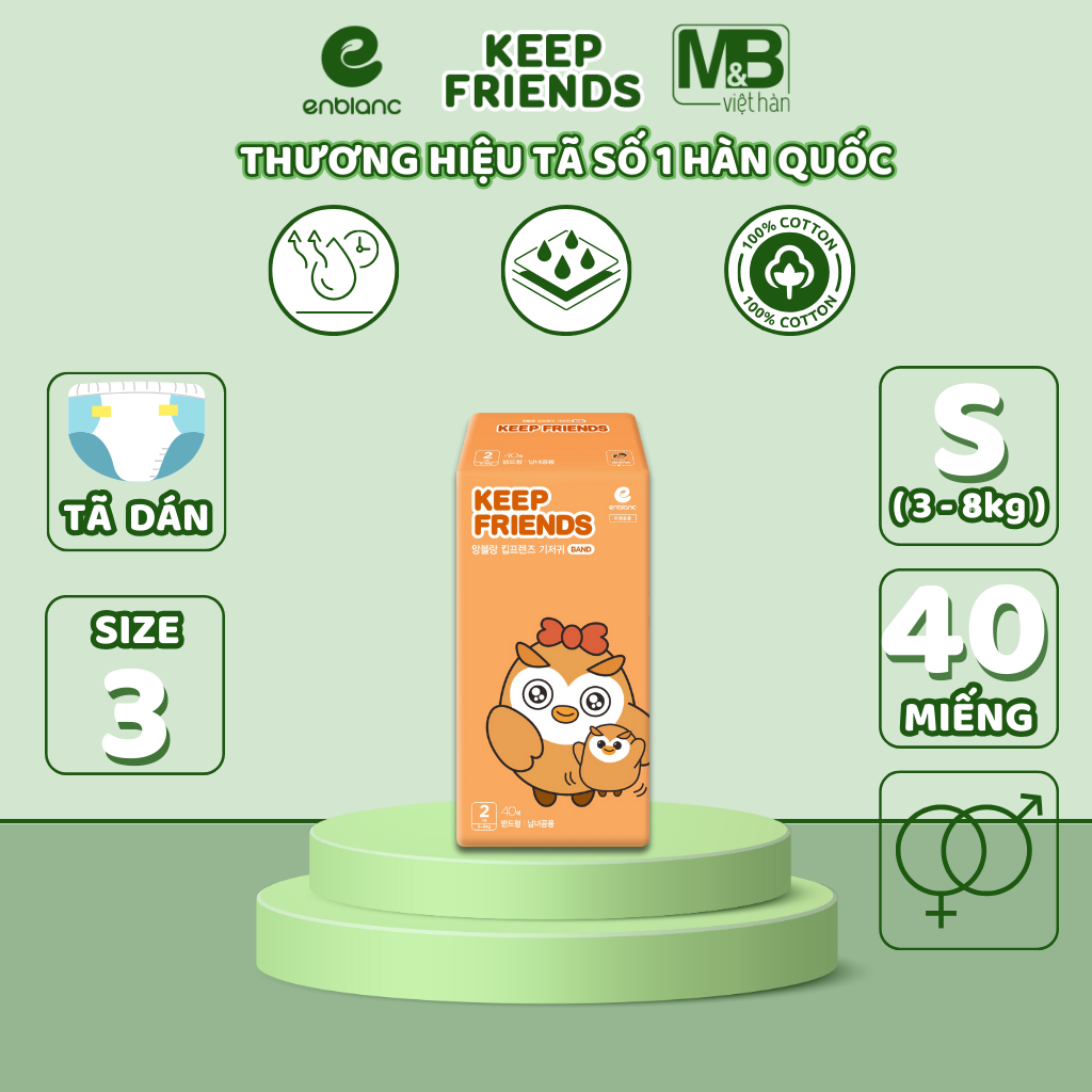 Tã Bỉm Dán Hàn Quốc ENBLANC KEEP FRIENDS Mềm Mại, Mỏng Nhẹ, Thấm Hút Nhanh Cho Bé Size S 40 Miếng