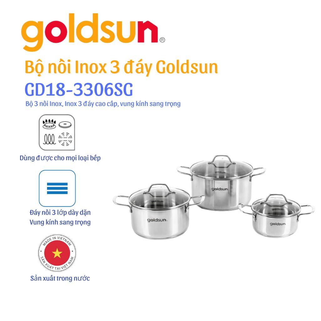 Bộ 3 nồi inox vung kính 3 đáy Goldsun GD18-3306SG - Hàng Chính Hãng