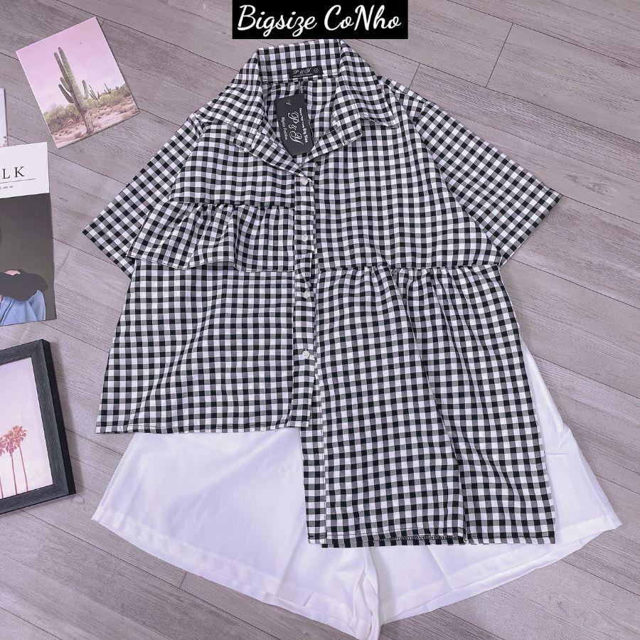 Set đồ bigsize nữ áo sơ mi tà lệch kết hợp quần đùi xếp ly chuppy 60-95kg SET2 - Áo biển + quần trắng