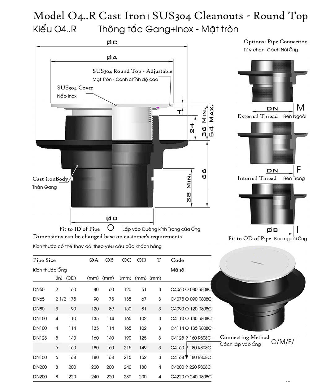 Thông tắc, thông nghẹt đường ống thoát nước bằng Gang + inox sus304, chống thấm mặt tròn