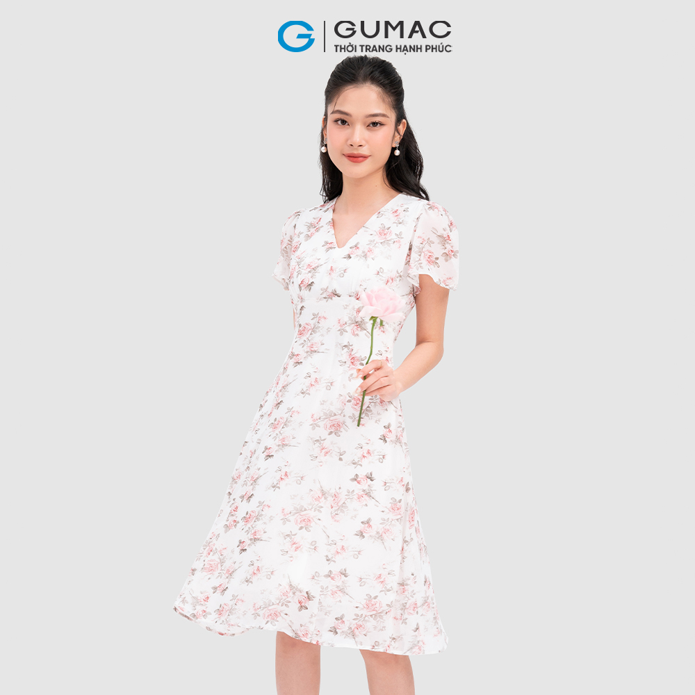 Đầm hoa GUMAC LD0925 nhún ngực cổ V nữ tính