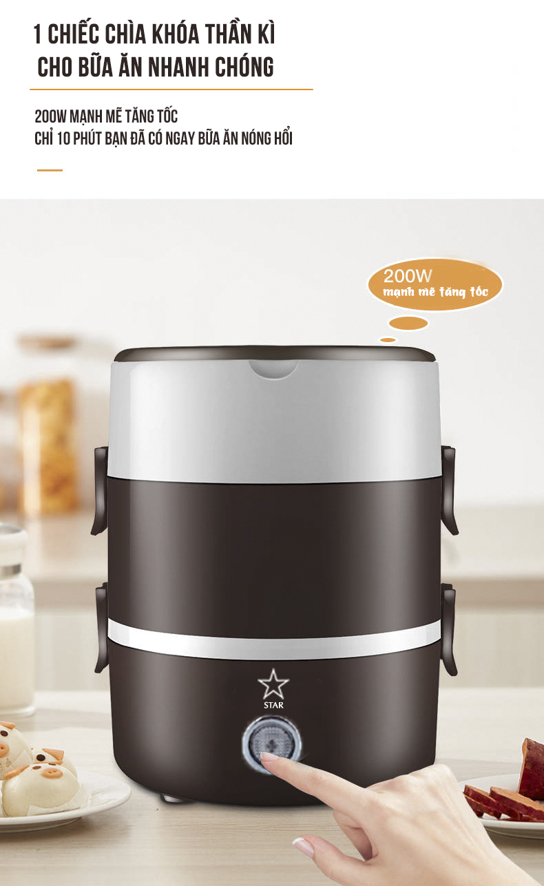 Hộp cơm hâm nóng điện 3 tầng inox cao cấp