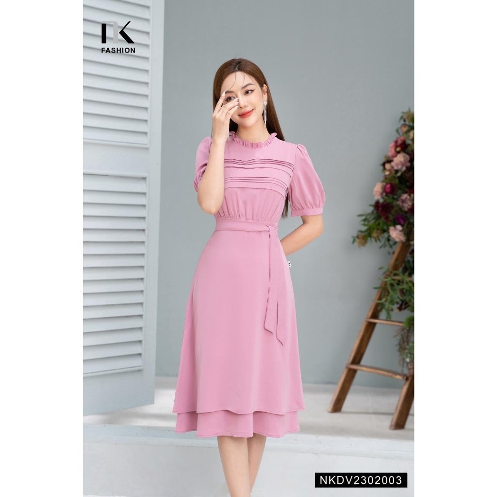 Đầm Xòe NK FASHION Thiết Kế Cổ Nhún Tay Bồng Nữ Tính Chất Vải Nhập Hàn Dày Dặn Cao Cấp NKDV2302003