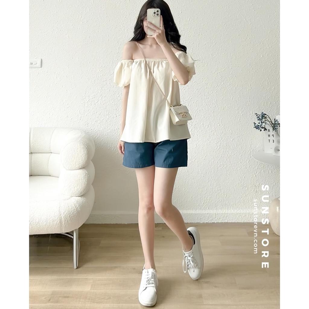 Set đồ nữ đi biển mùa hè áo trễ vai và quần short nữ lưng chun 2 màu
