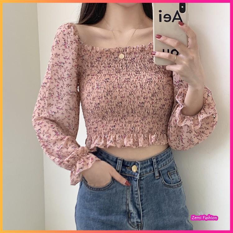 Áo Sơ Mi Nữ Croptop Chất Voan Chiffon Hoạ Tiết Hoa Nhí Ulzzang