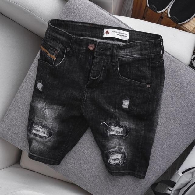 Quần short jean nam màu đen wash thời trang