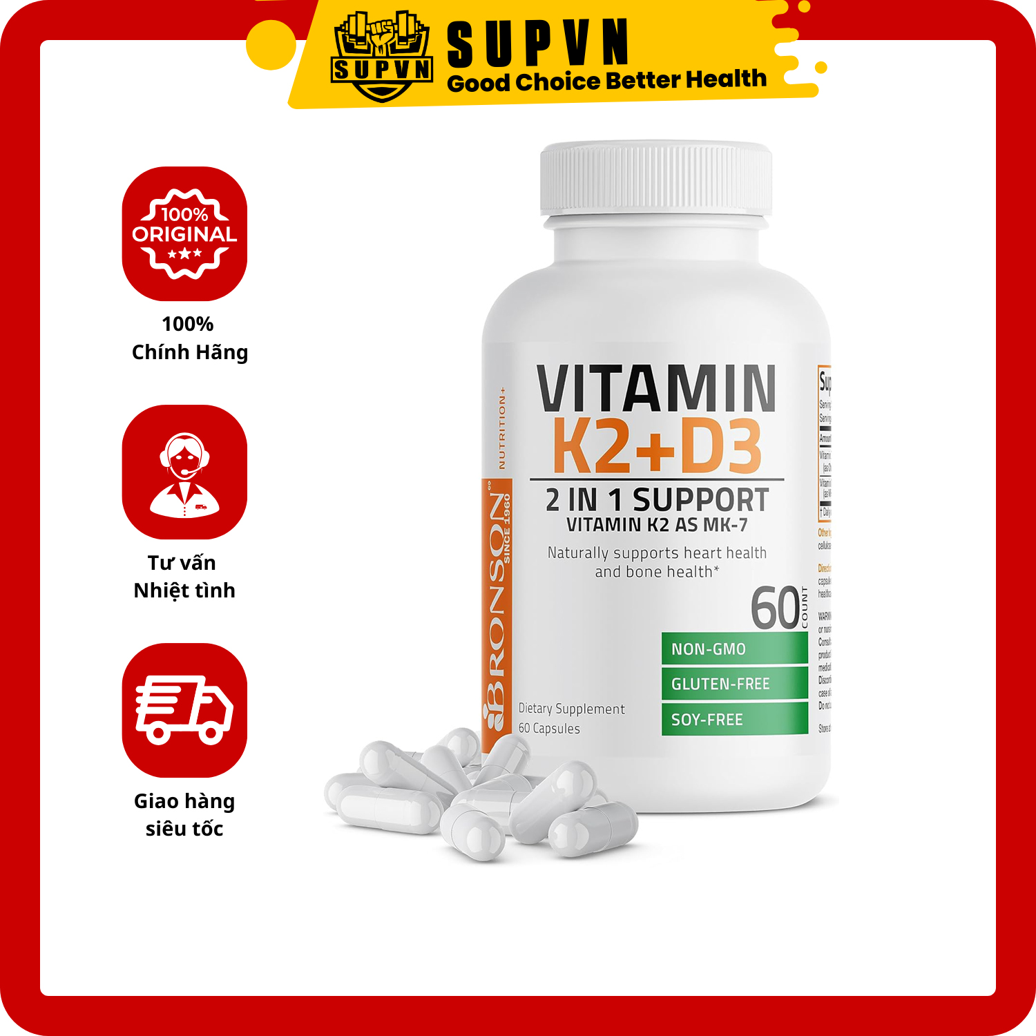 Vitamin K2 D3 - MK7 Bronson 250 Viên Hỗ trợ Giúp Xương Chắc Khỏe, Tăng Hóc Môn, Phát Triển Cơ