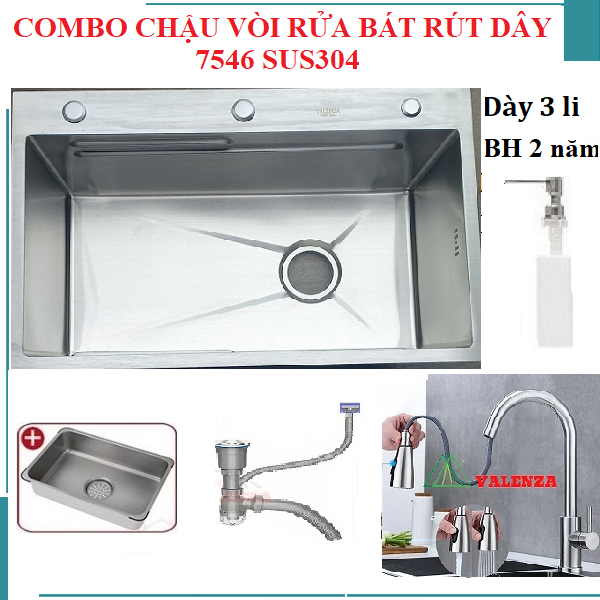 Chậu rửa bát 1 hố sus304 7546 Valenza dày 3li kèm vòi rửa bát rút dây nóng lạnh 01, bộ xả, khay inox, bình nước rửa chén, dụng cụ rửa ly cốc
