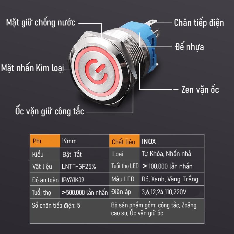 Nút nhấn công tắc Inox 22mm, Loại nhấn giữ Trạng thái có đèn LED (3-6V, 12-24V, 110-220V)