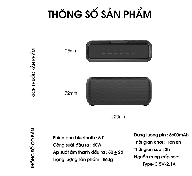 Loa bluetooth 5.0 60W công suất lớn chống nước IPX5 sạc nhanh Type - C cộng nghệ điều khiển giọng nói PKCB PF1007 - Hàng chính hãng