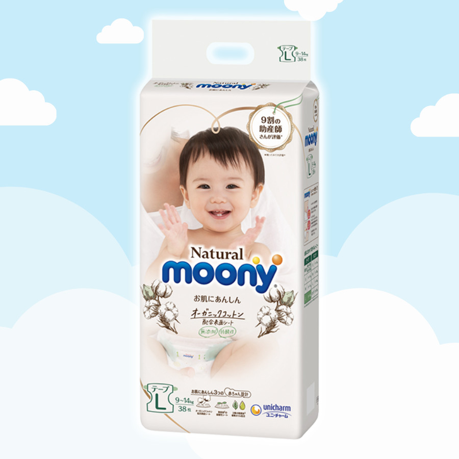 Tã/Bỉm dán Moony Natural Size L- 38 miếng( bé 9-14 kg)