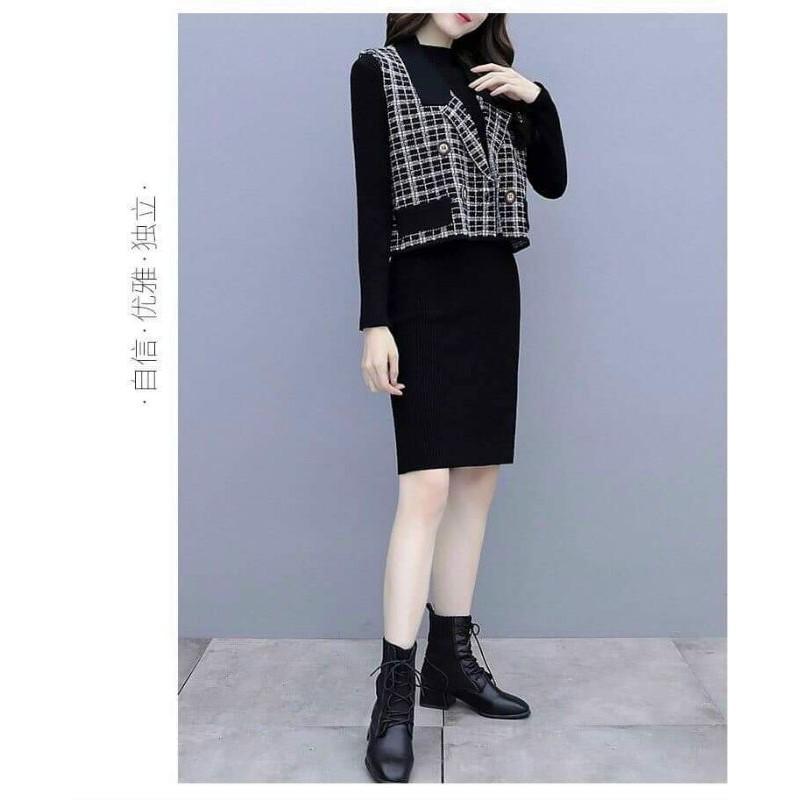 SÉT ĐẦM LEN PHỐI CARO CAO CẤP