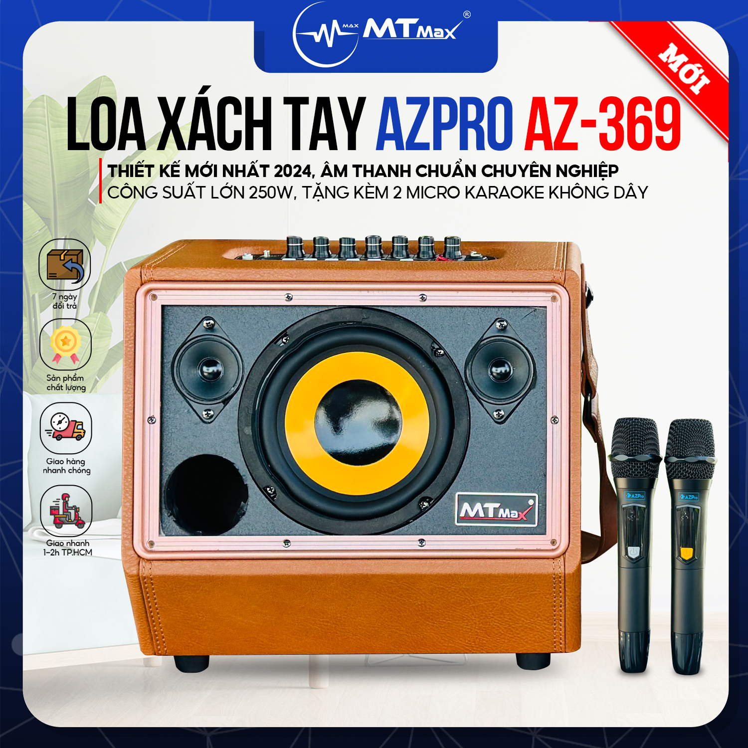 [ Hàng Chính Hãng ] Loa Xách Tay Azpro AZ369 - Công Suất Lớn 250W, Thiết Kế Nhỏ Gọn, 3 Loa 2 Đường Tiếng, Bass Căng 16cm, Âm Thanh Trong Trẻo, Bass Đánh Siêu Ấm, Bảo Hành 12 Tháng