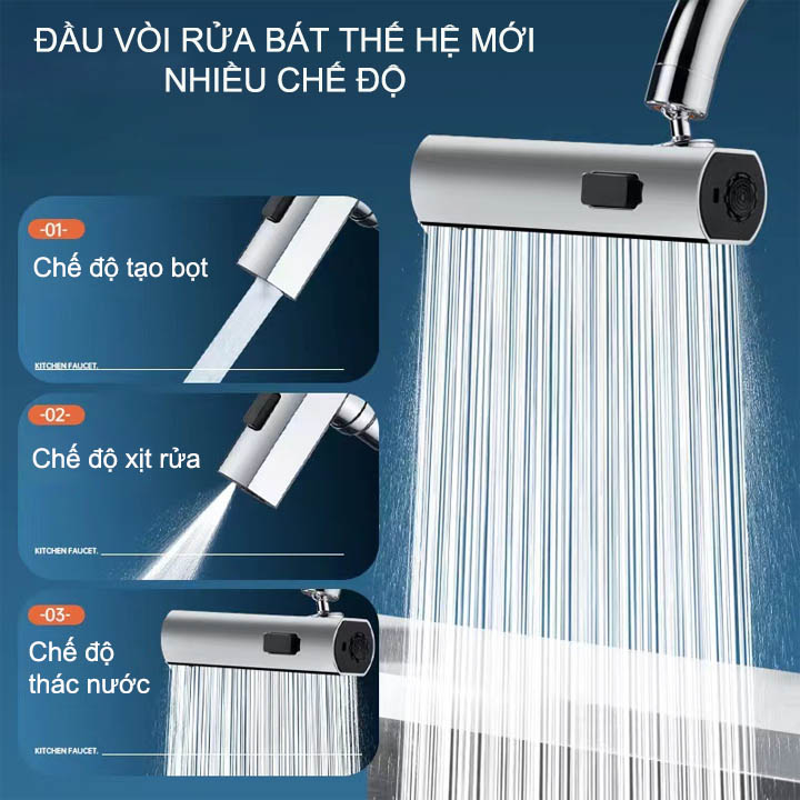 Đầu vòi rửa bát thế hệ mới với 3 trong 1, chế độ thác nước-tạo bọt-xịt rửa bằng nhựa ABS
