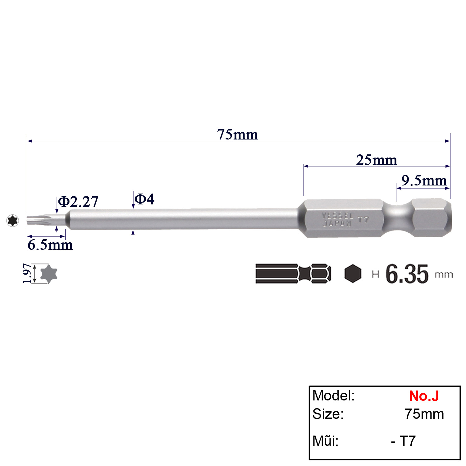 Mũi vặn vít đầu hoa khế T7 chuôi lục giác H = 6,35 Vessel (Nhật Bản)