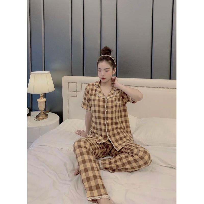 BỘ PIJAMA CHẤT ĐŨI HÀN HOẠ TIẾT KẺ Ô VIỀN REN CAO CẤP