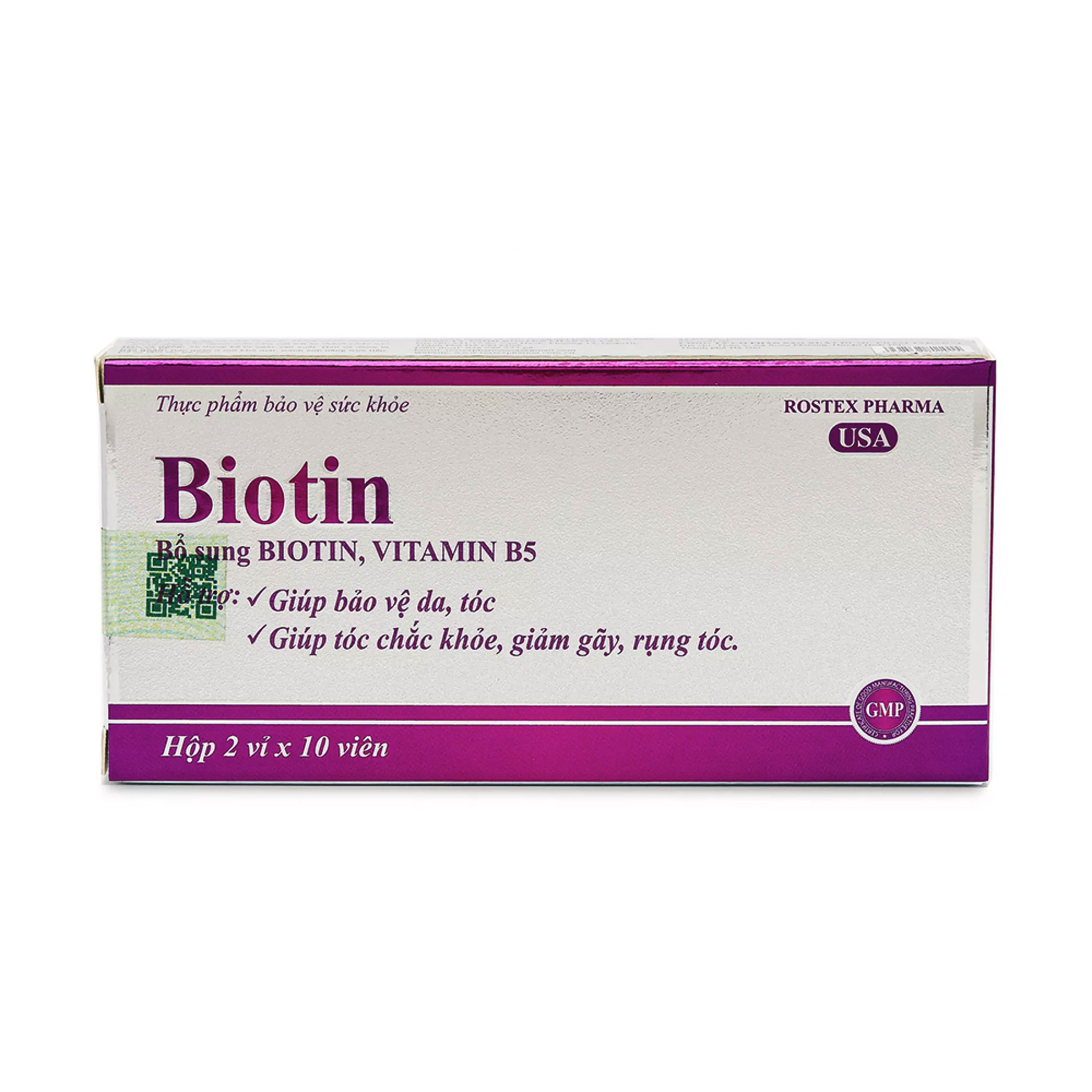 Viên uống bổ sung Biotin, Vitamin B5 Rostex giúp tóc chắc khỏe, giảm gãy rụng tóc, bảo vệ da tóc - Hộp 20 viên